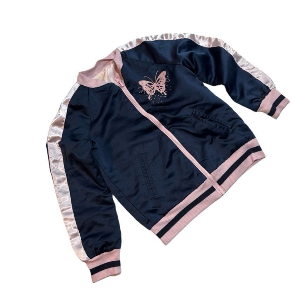 Colorful Planet | Navy Blue Girls Satin Butterfly Reversible Lined Bomber 6/6X